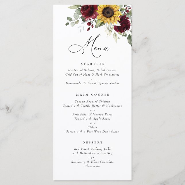 Sunflowers Burgundy Floral Greenery Wedding Menu (Front)