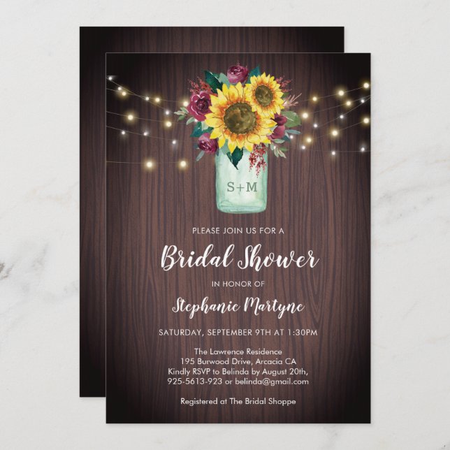 Sunflowers Burgundy Floral Mason Jar Bridal Shower Invitation (Front/Back)