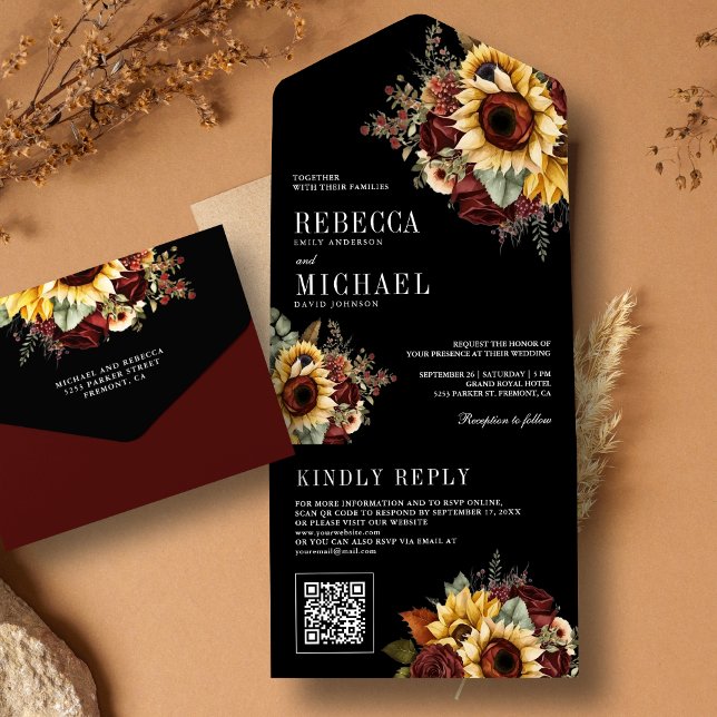  Sunflowers Burgundy Floral QR Code Black Wedding All In One Invitation (Creator Uploaded)