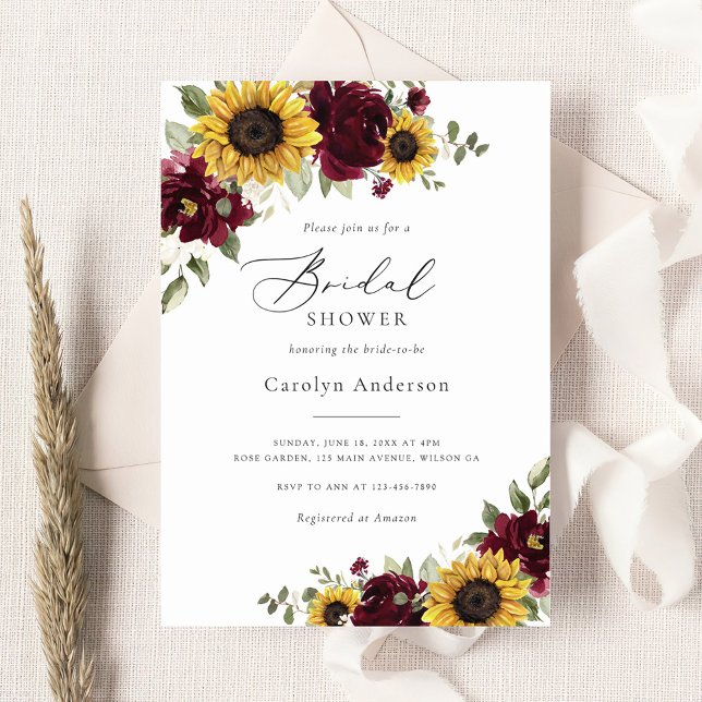 Sunflowers Burgundy Floral Rustic Bridal Shower Invitation (Creator Uploaded)