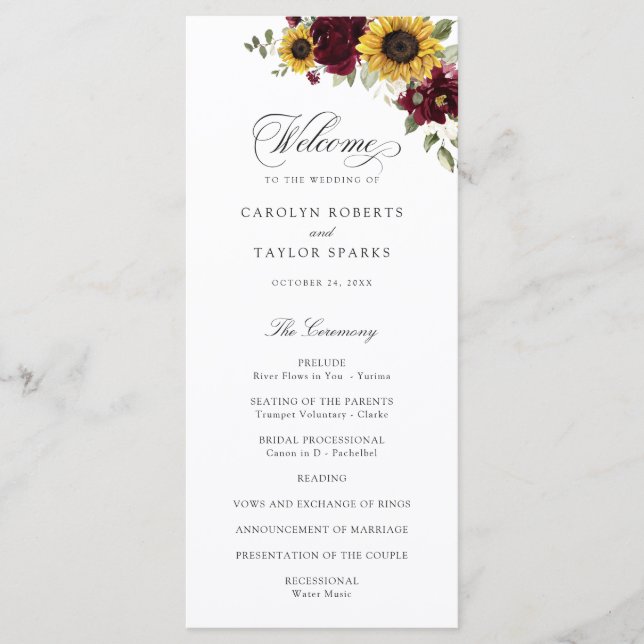 Sunflowers Burgundy Floral Rustic Wedding Program (Front)