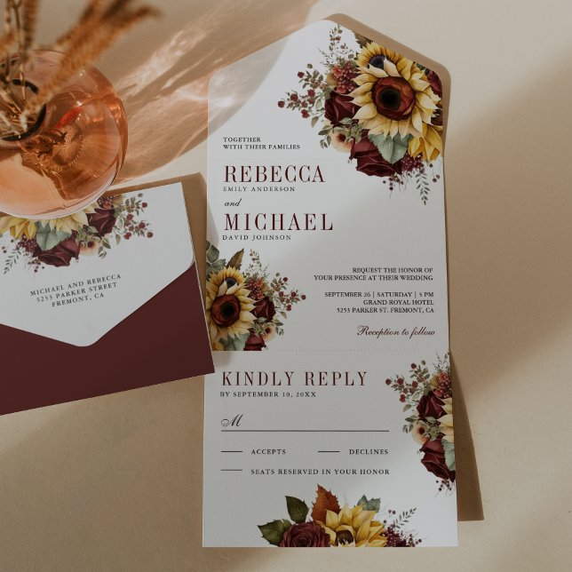  Sunflowers Burgundy Floral Wedding All In One Invitation (Creator Uploaded)