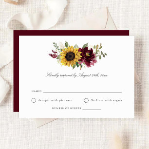 Sunflowers Burgundy Flowers Rustic Wedding RSVP  I Invitation