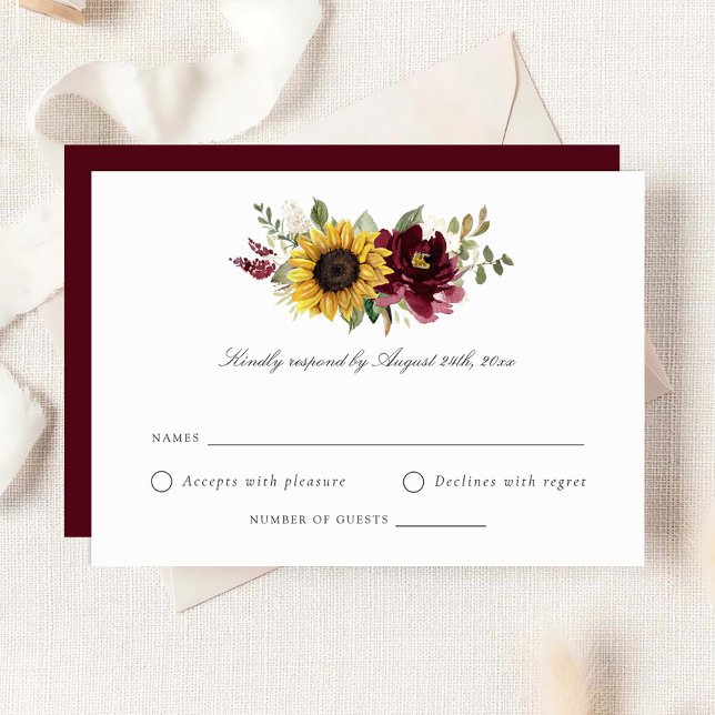 Sunflowers Burgundy Flowers Rustic Wedding RSVP  I Invitation (Creator Uploaded)