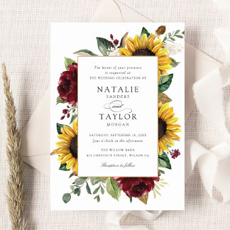 Sunflowers Burgundy Greenery Floral Rustic Wedding Invitation