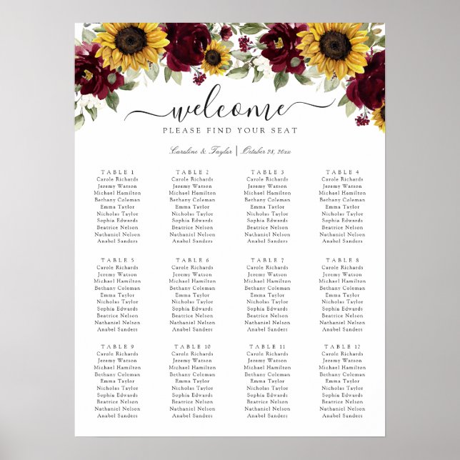 Sunflowers Burgundy Greenery Wedding Seating Chart (Front)
