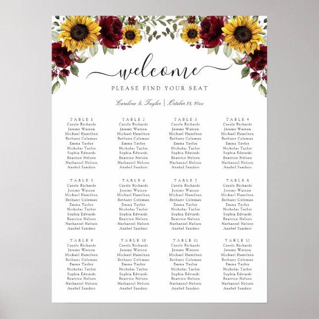 Sunflowers Burgundy Greenery Wedding Seating Chart (Front)