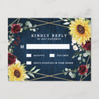 Sunflowers Burgundy Navy Geometric Wedding RSVP