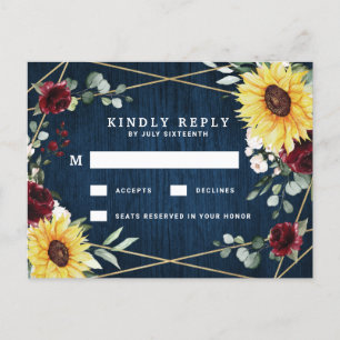 Sunflowers Burgundy Navy Geometric Wedding RSVP Postcard