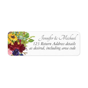 Sunflowers Burgundy Navy Roses Floral Wedding Return Address Label