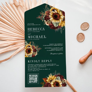 Sunflowers Burgundy QR Code Emerald Wedding All In One Invitation
