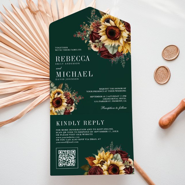  Sunflowers Burgundy QR Code Emerald Wedding All In One Invitation (Creator Uploaded)