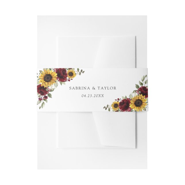 Sunflowers Burgundy Red Floral Rustic Wedding Invitation Belly Band (Front Example)