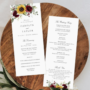 Sunflowers Burgundy Red Floral Rustic Wedding Program