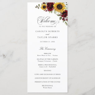 Sunflowers Burgundy Red Floral Rustic Wedding Program