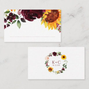 Sunflowers Burgundy Red Roses Fall Autumn Wedding Place Card