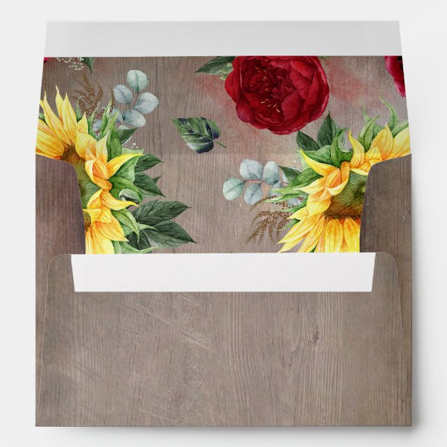 Sunflowers Burgundy Red Roses Rustic Wood Fall Envelope (Back (Bottom))