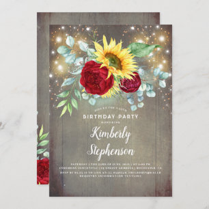 Sunflowers Burgundy Red Rustic Fall Birthday Invitation