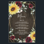 Sunflowers Burgundy Rose Rustic Wedding Menu Cards<br><div class="desc">Design features a printed barn wood grain background with a geometric gold coloured frame that's decorated with burgundy red roses,  blush floral elements,  sunflowers,  eucalyptus and other greenery.</div>