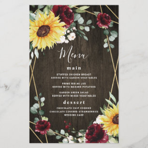 Sunflowers Burgundy Rose Rustic Wedding Menu Cards