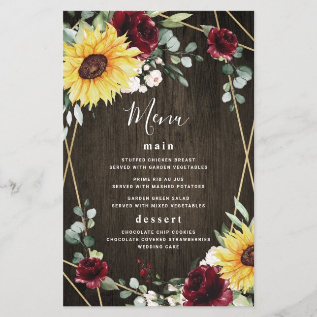 Sunflowers Burgundy Rose Rustic Wedding Menu Cards (Front)