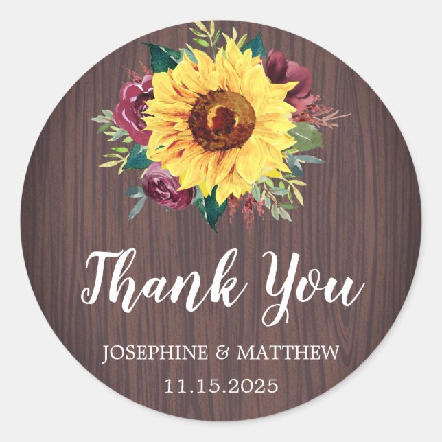 Sunflowers Burgundy Rose Wood Wedding Thank You Classic Round Sticker (Front)