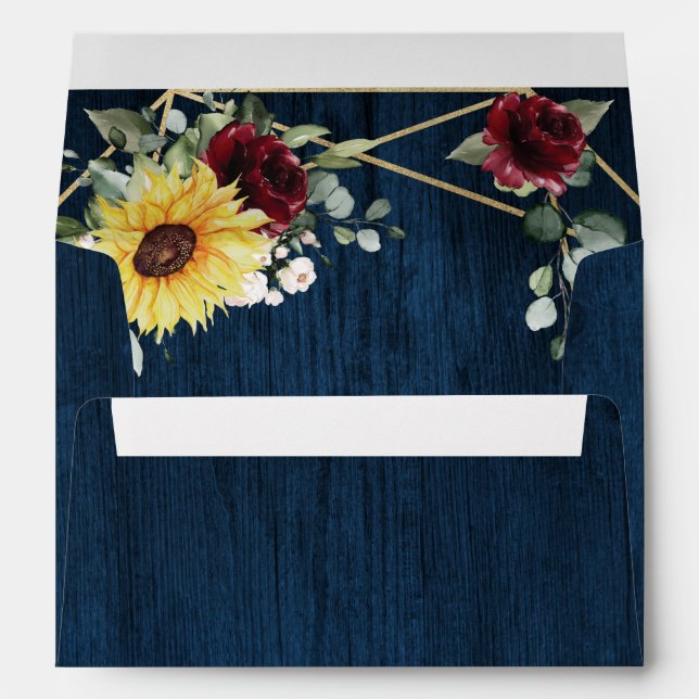 Sunflowers Burgundy Roses Navy Geometric Wedding Envelope (Back (Bottom))
