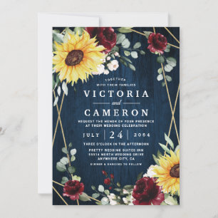 Sunflowers Burgundy Roses Navy Geometric Wedding Invitation