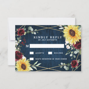 Sunflowers Burgundy Roses Navy Geometric Wedding RSVP Card