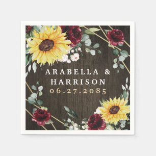 Sunflowers Burgundy Roses Rustic Geometric Wedding Napkin