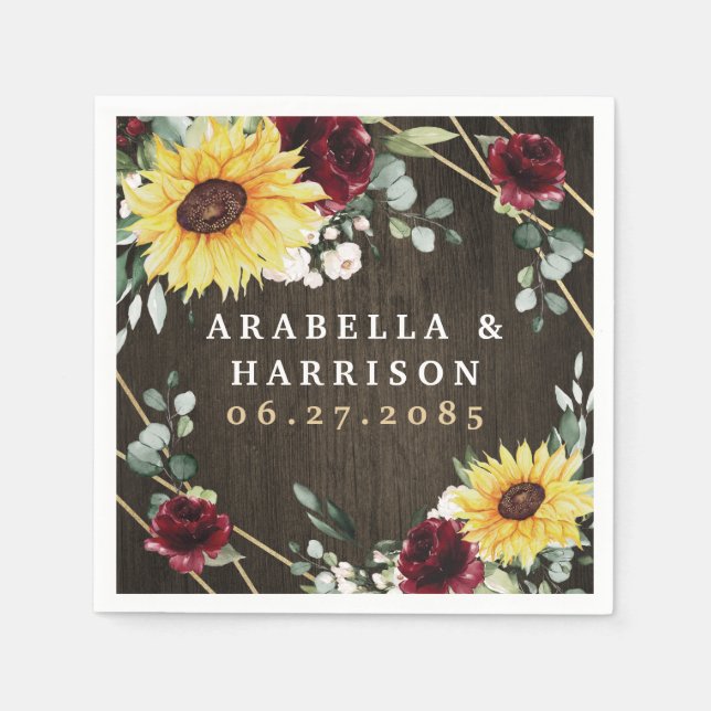 Sunflowers Burgundy Roses Rustic Geometric Wedding Napkin (Front)