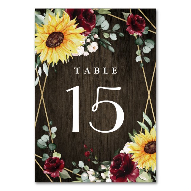Sunflowers Burgundy Roses Rustic Geometric Wedding Table Number (Front)