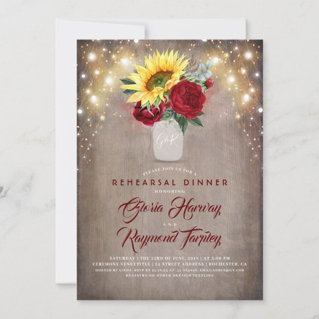 Sunflowers Burgundy Rustic Fall Rehearsal Dinner Invitation (Front)