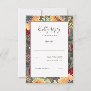 Sunflowers Burgundy Rustic Fall Wedding RSVP Card