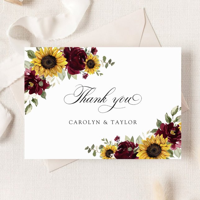Sunflowers Burgundy Rustic Wedding Thank You Card (Creator Uploaded)