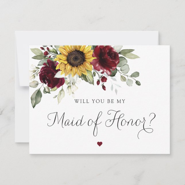 Sunflowers Burgundy Wedding Maid of Honour Card (Front)
