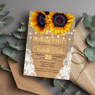 Sunflowers burlap and lace autumn birthday party invitation