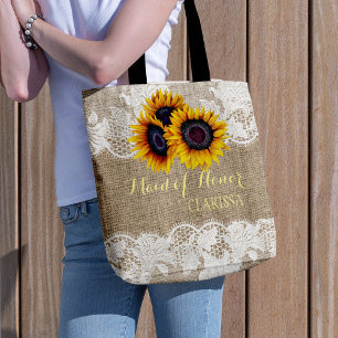 Sunflowers burlap lace wedding maid of honour tote bag