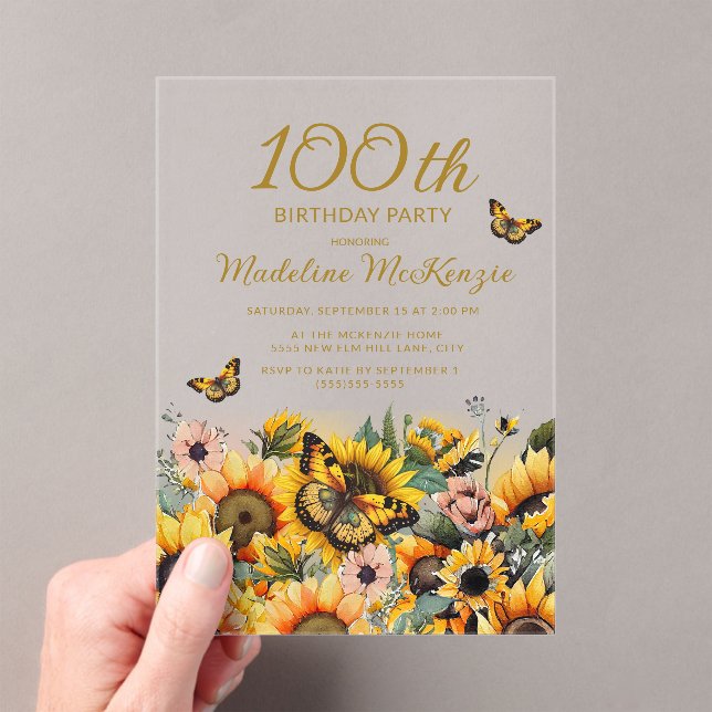 Sunflowers Butterflies 100th Birthday Party Acrylic Invitations (Insitu (Handheld))