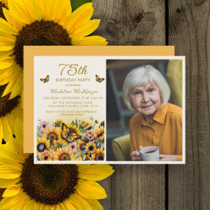 Sunflowers Butterflies 75th Birthday Party Photo Invitation