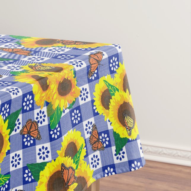 Sunflowers Butterflies Blue Gingham Tablecloth (In Situ)