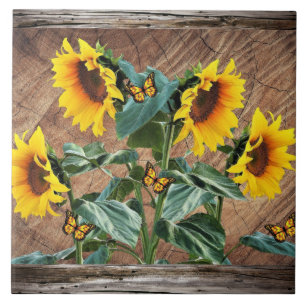 Sunflowers Butterflies Ceramic Tile