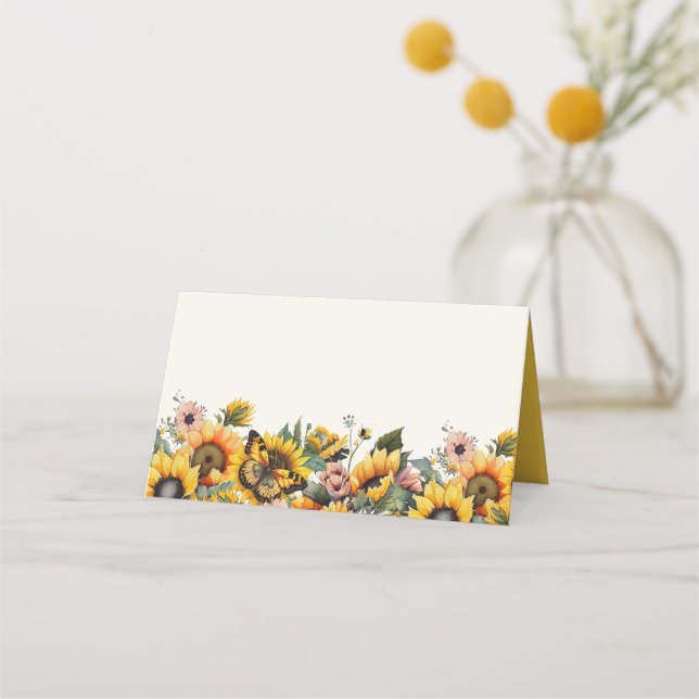 Sunflowers Butterflies Folded Party Food Label Place Card (Front)