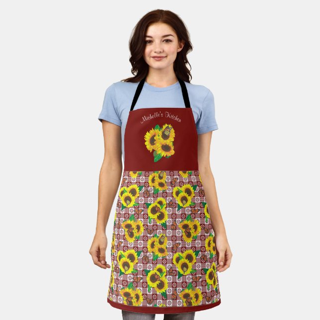 Sunflowers Butterflies Red Gingham Apron (Worn)