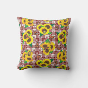 Sunflowers Butterflies Red Gingham Cushion