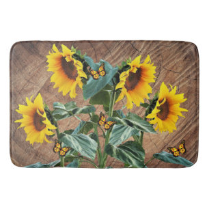 Sunflowers Butterflies Rustic Barn Board Bath Mat