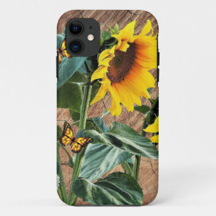 Sunflowers Butterflies Rustic Barn Board iPhone 11 Case