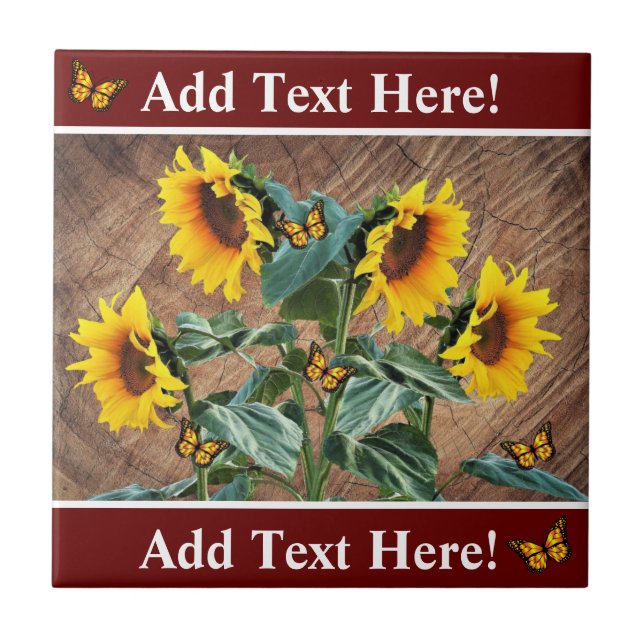 Sunflowers Butterflies Rustic Barn Board Ceramic T Tile (Front)