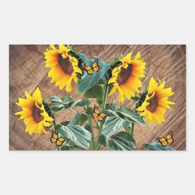 Sunflowers Butterflies Rustic Barn Board Rectangular Sticker (Front)