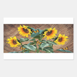 Sunflowers Butterflies Rustic Barn Board Rectangular Sticker